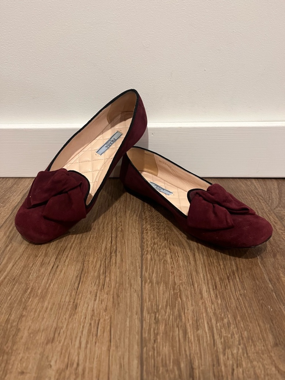 PRADA Red-burgundy-hued Suede Bow Flats/Smoking Slippers - Picture 2 of 15
